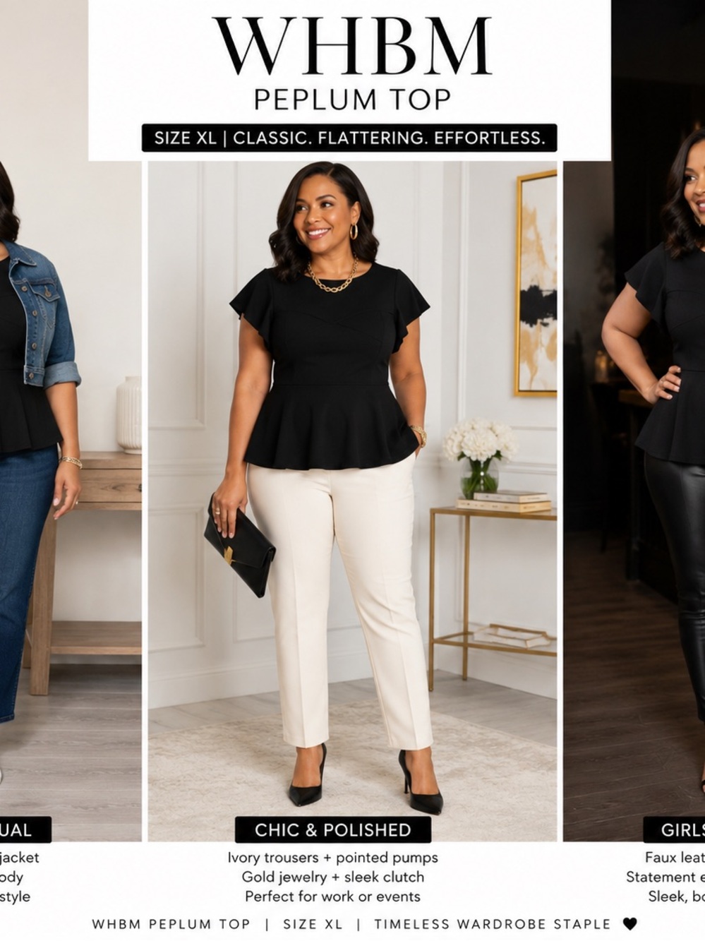White House Black Market Black Peplum Top with Ivory Trousers